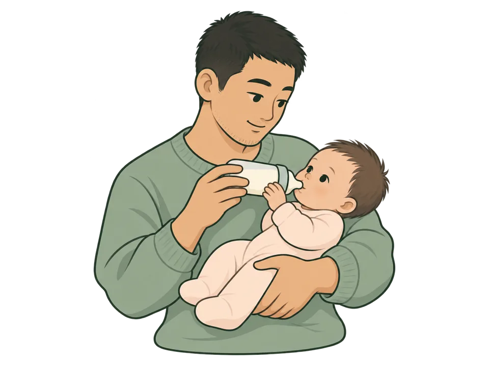 Illustration of a parent bottle-feeding a baby held upright.