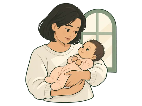 رسم لأحد الوالدين ينظر إلى طفل قرب نافذة مضيئة.