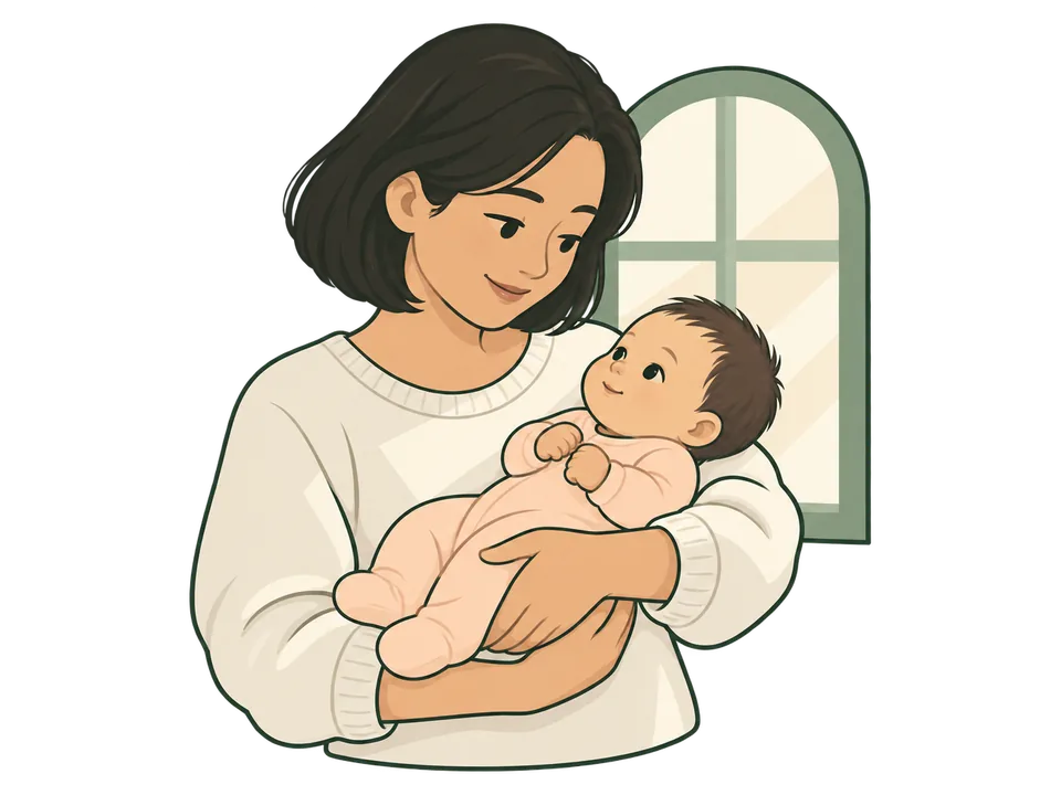 Illustration of a parent looking at a baby by a bright window.
