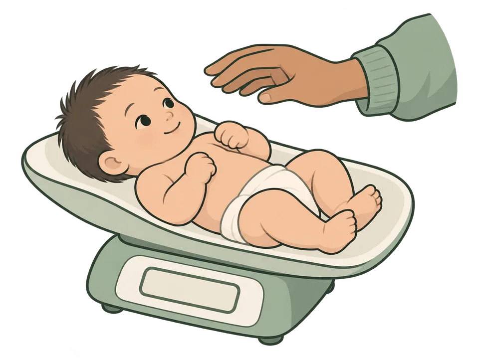 Illustration of a baby on a baby scale.