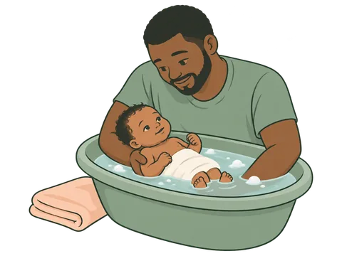A father holds his newborn in a small bath, his forearm supporting the baby's head and neck and his hand holding the baby's far upper arm.