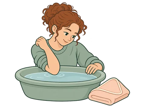 A mother dips her bent elbow into a small baby bath to check the water temperature, a folded towel beside it.