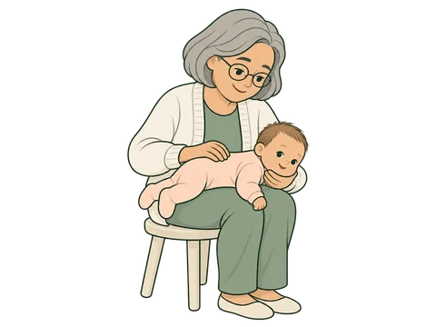 A grandmother lays a newborn tummy-down across her knees, the baby's head raised and its chin supported in her hand, while she rubs its back.
