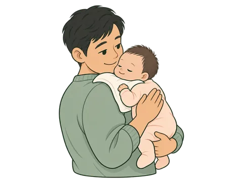 A father holds his newborn upright against his chest, the baby's chin resting on a burp cloth over his shoulder, while he pats the baby's back.