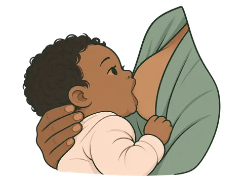 A newborn latched at the breast, chin pressed in and lips turned outward, with its mother's hand supporting its neck and shoulders.