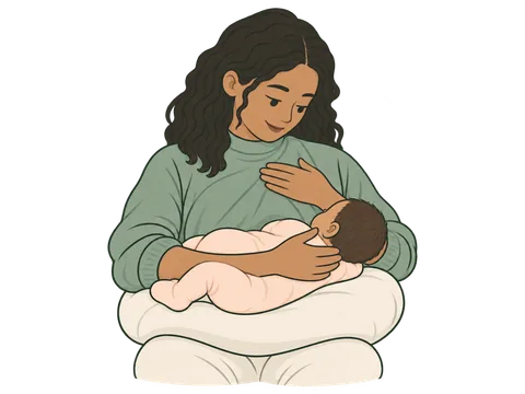 A mother holds her newborn on a nursing pillow in a cross-cradle hold, the baby turned tummy to tummy with ear, shoulder and hip in a line.