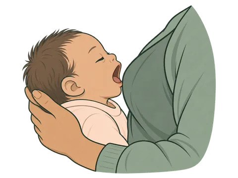 A newborn opens its mouth wide, like a yawn, close to its mother's breast as she supports its neck and shoulders.