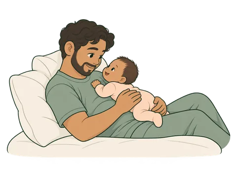 An awake father reclines against pillows with his newborn lying tummy-down on his chest, their faces close together.