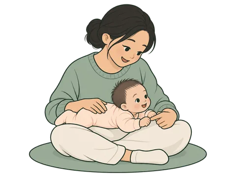 A mother sits cross-legged with her baby lying tummy-down across her lap, one hand resting on the baby's back as it lifts its head.