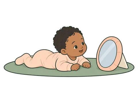 A baby on its tummy on a play mat lifts its head to look at a soft-framed baby mirror standing in front of it.