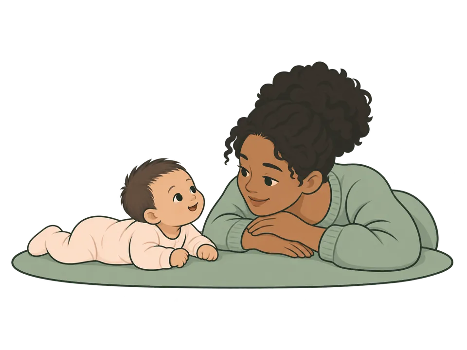 Ilustrasi bayi melakukan tummy time berhadapan dengan orang tuanya.