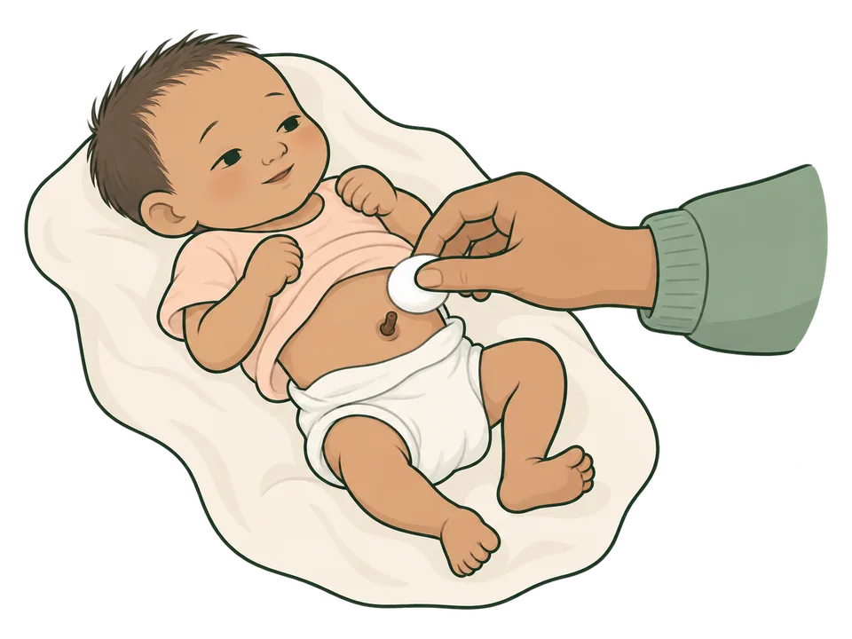 Illustration of a newborn with the diaper folded below the cord stump.